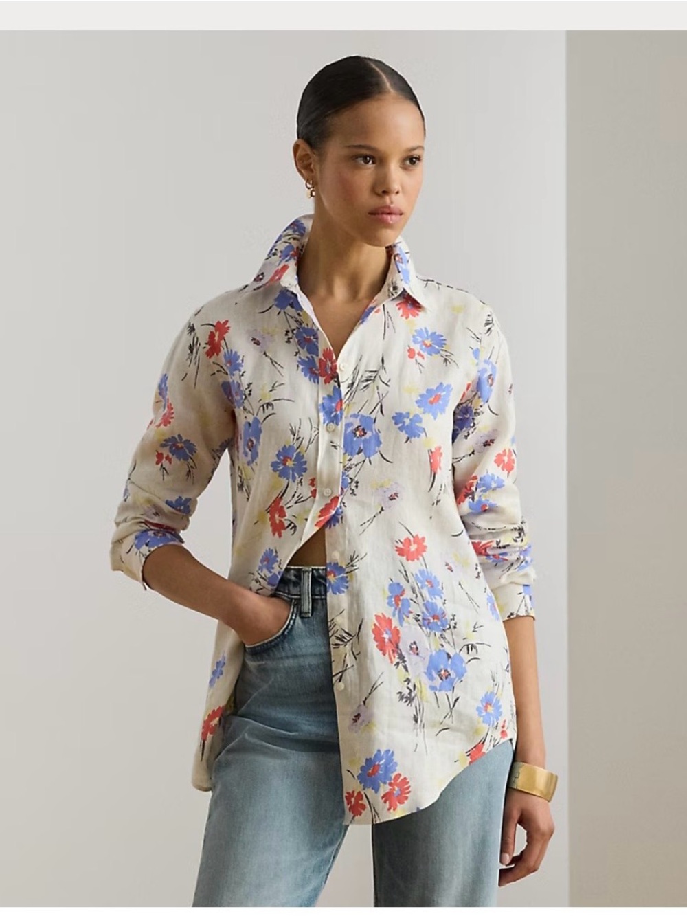 Ralph Lauren Cream Button-Down Shirt with Blue & Coral Floral Print